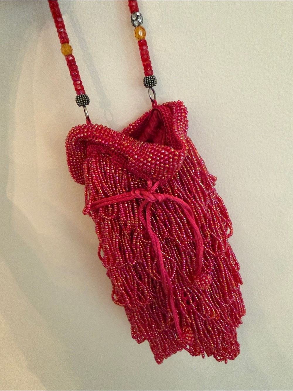 Lily Scott Vintage Style Beaded Fringe Drawstring Evening Bag Pouch